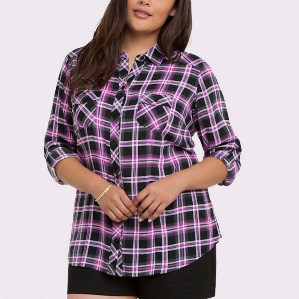 Torrid Black & Pink Plaid Button Up Camp Shirt Size 2X